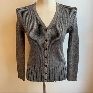 Vintage 70s Sweater Bee Banff Ribbed Cardigan Top Lurex Silver Black Knit Small
